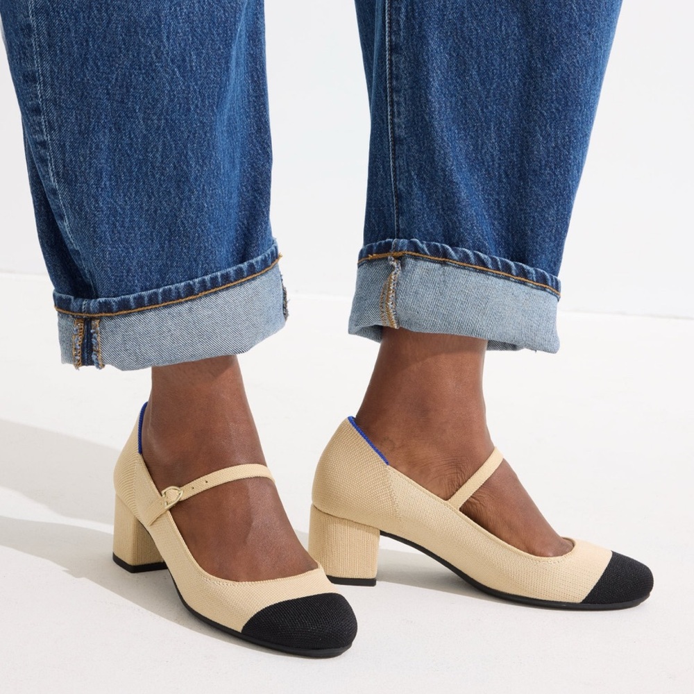 Rothy’s Mary Jane Cream and Black Capote heels NWT